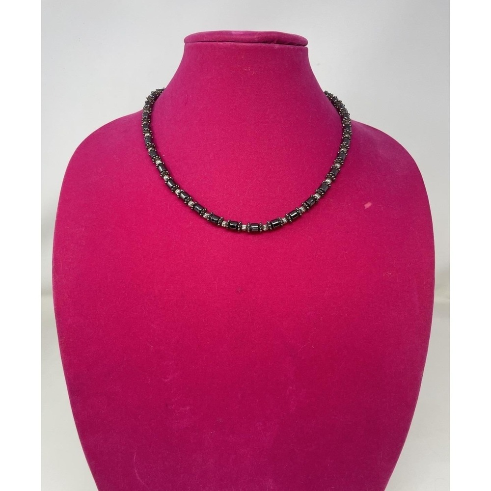 Vtg Natural Hematite Necklace 20" Non-Magnetic Cylinder Beads Toggle Clasp
